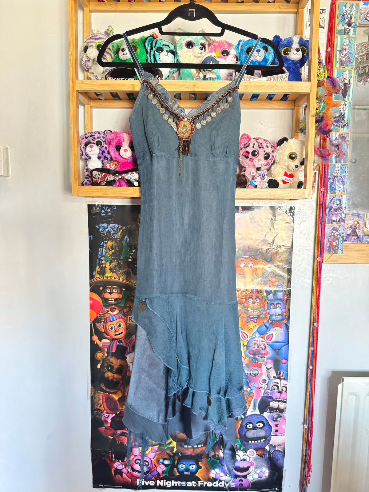 y2k vintage blue silk midi dress with asymmetrical hanky hem and coin tassels