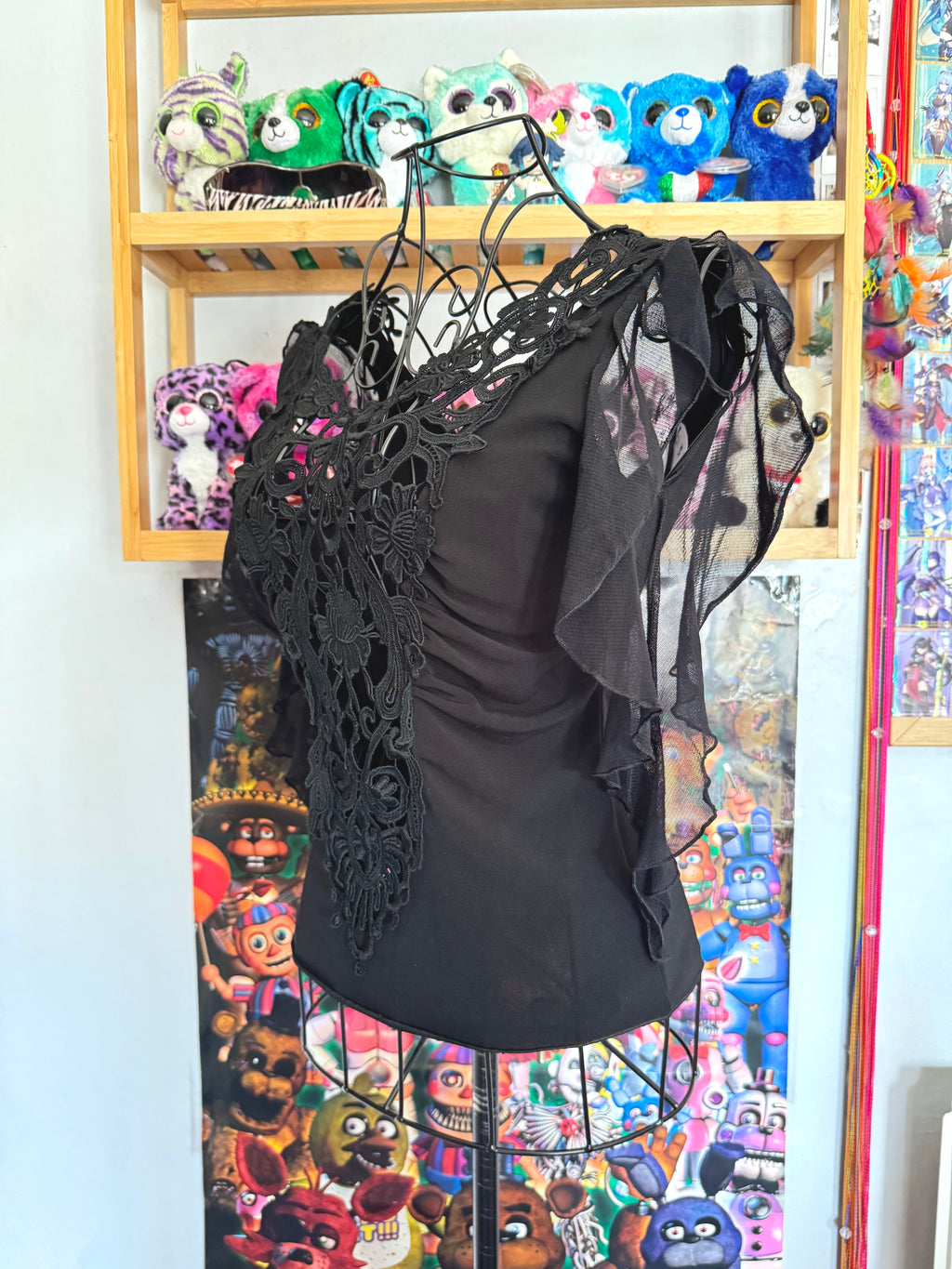 y2k vintage black mesh fitted top with lace front and tassel sleeves