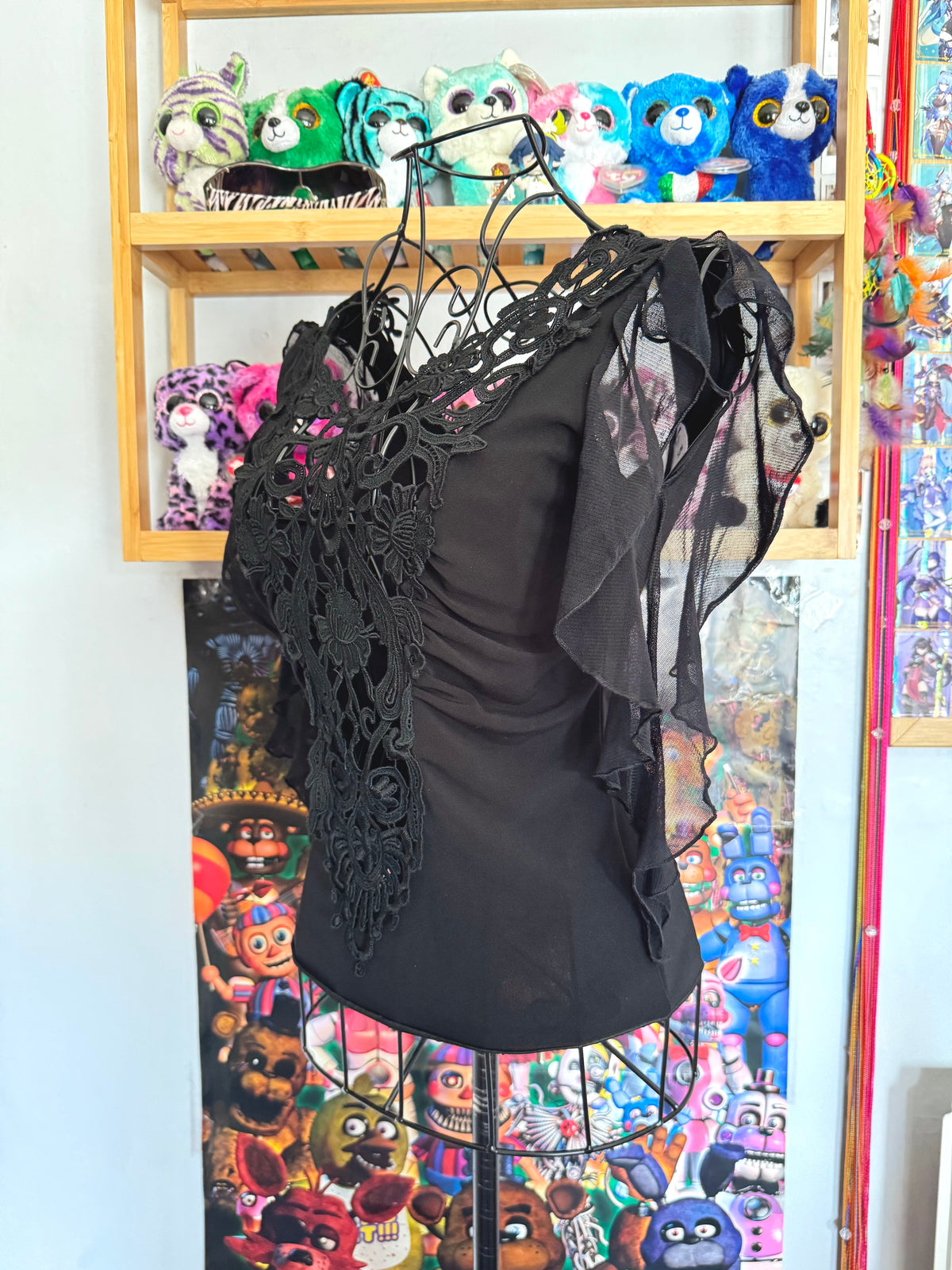 y2k vintage black mesh fitted top with lace front and tassel sleeves