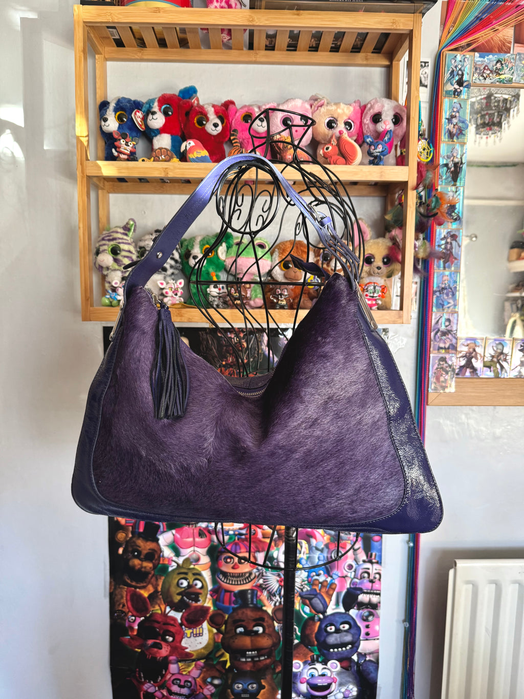 y2k pony hair violet purple slouchy boho handbag with real suede and leather