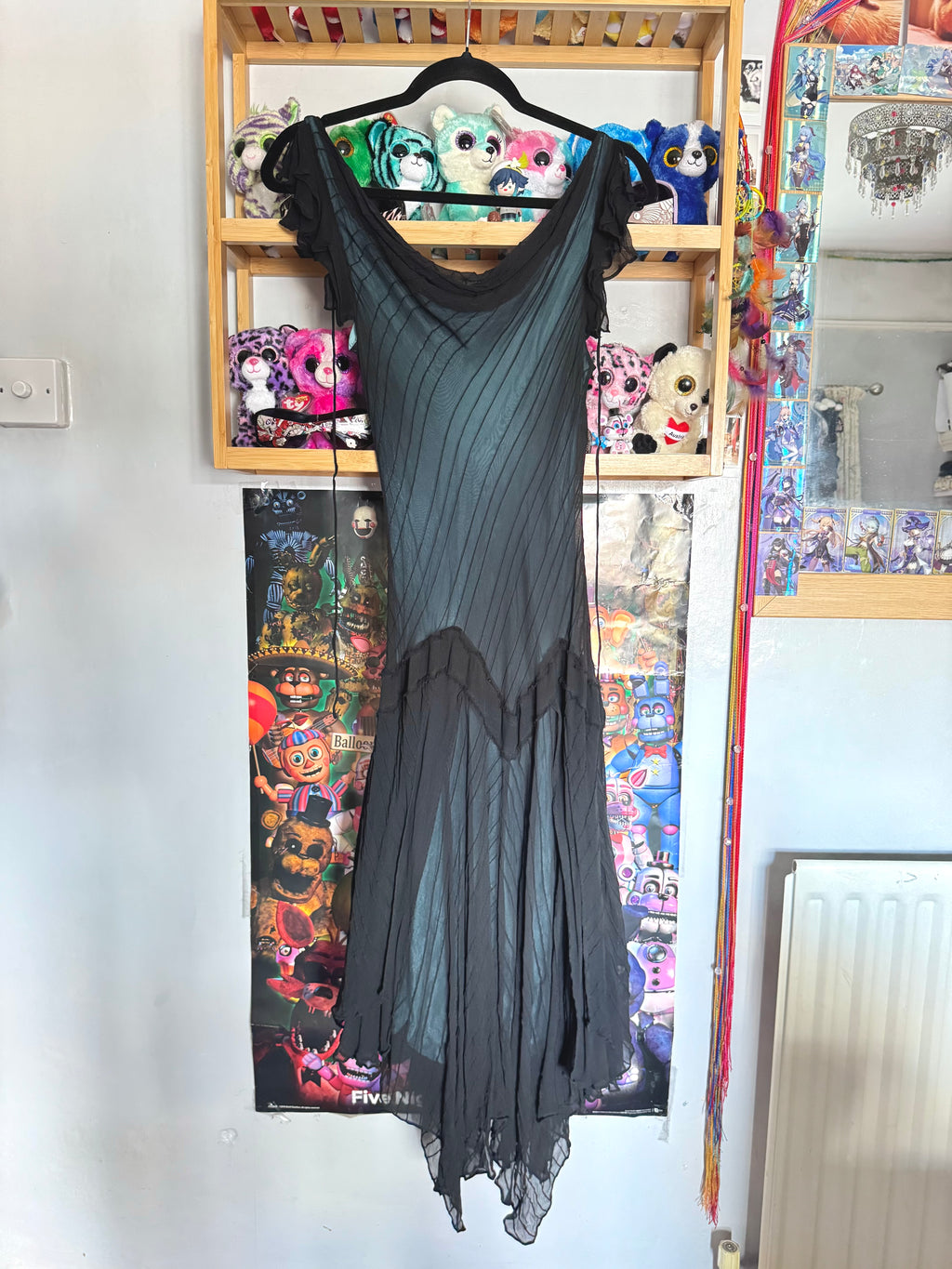 y2k vintage silk hanky fairy hem black maxi dress with blue underlay