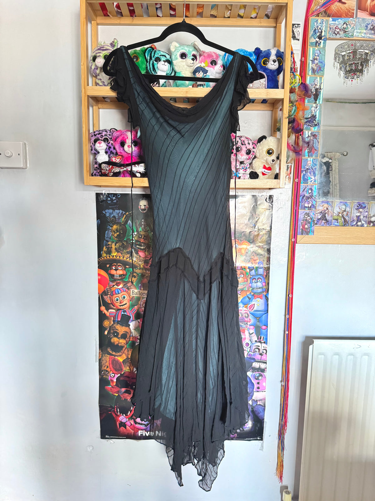 y2k vintage silk hanky fairy hem black maxi dress with blue underlay
