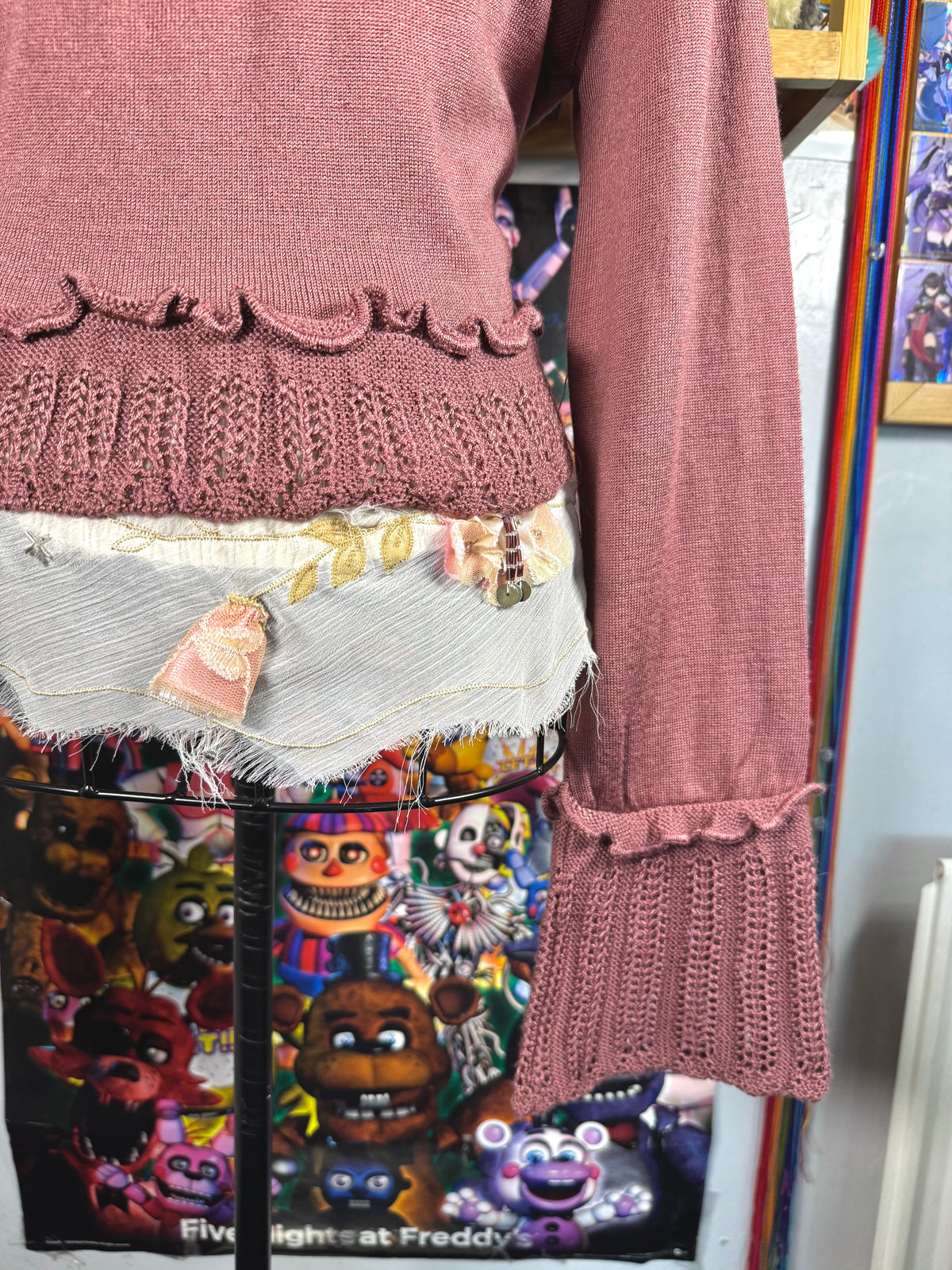y2k vintage dusty pink fitted cropped tie front flared sleeve cardigan
