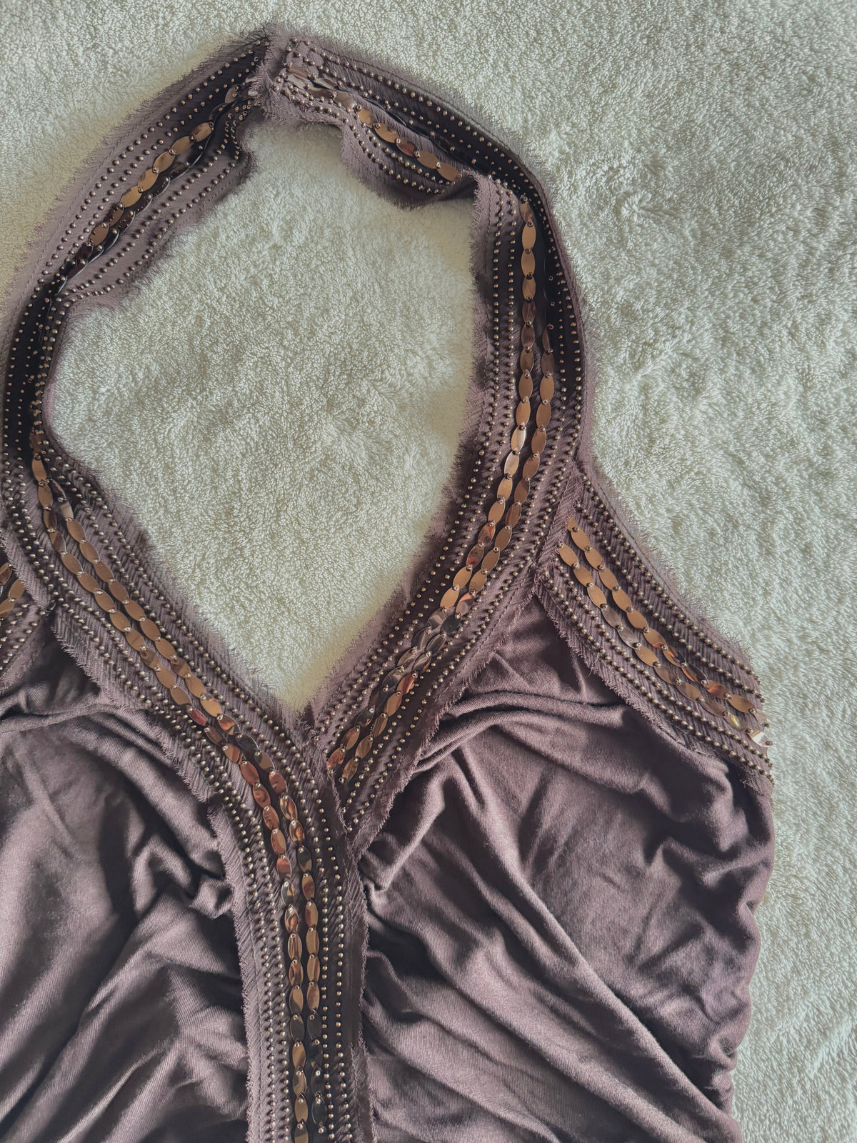 y2k vintage chocolate brown ruched and fitted low back sequin embellished halter top