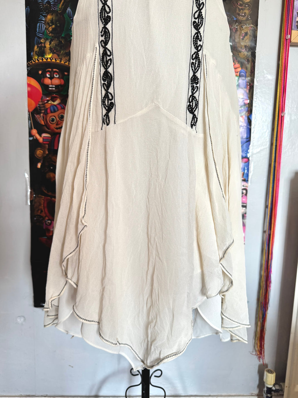 y2k vintage silk off white and black beaded midi dress with bulky layered hem fairycore