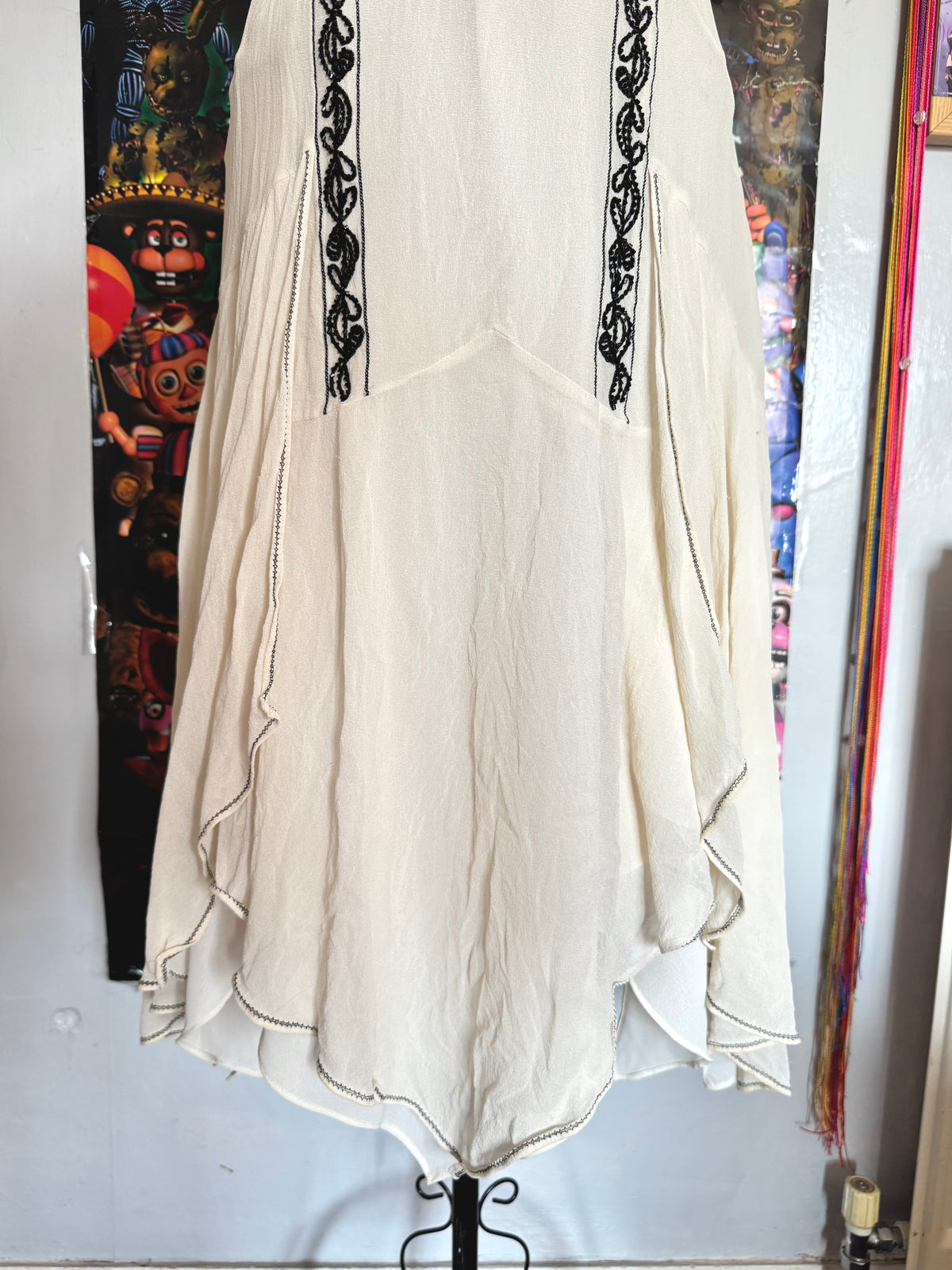 y2k vintage silk off white and black beaded midi dress with bulky layered hem fairycore