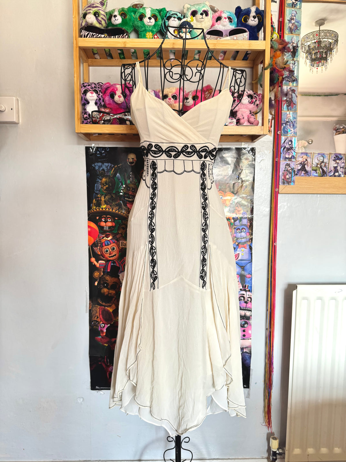 y2k vintage silk off white and black beaded midi dress with bulky layered hem fairycore