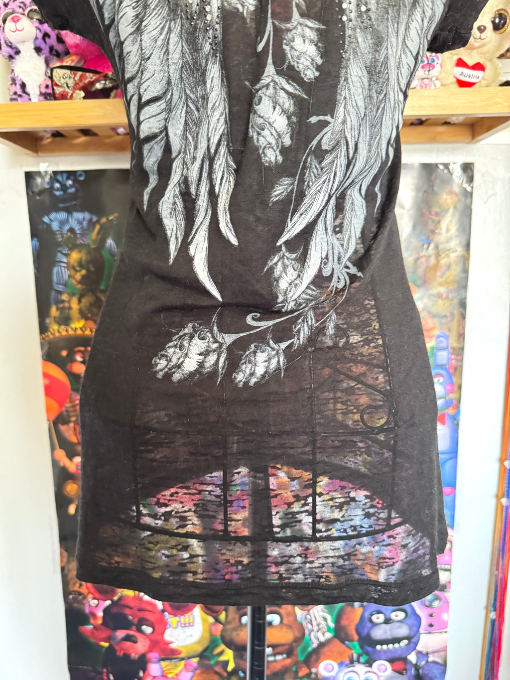 y2k vintage insane graphic angel wings print fitted sheer tee