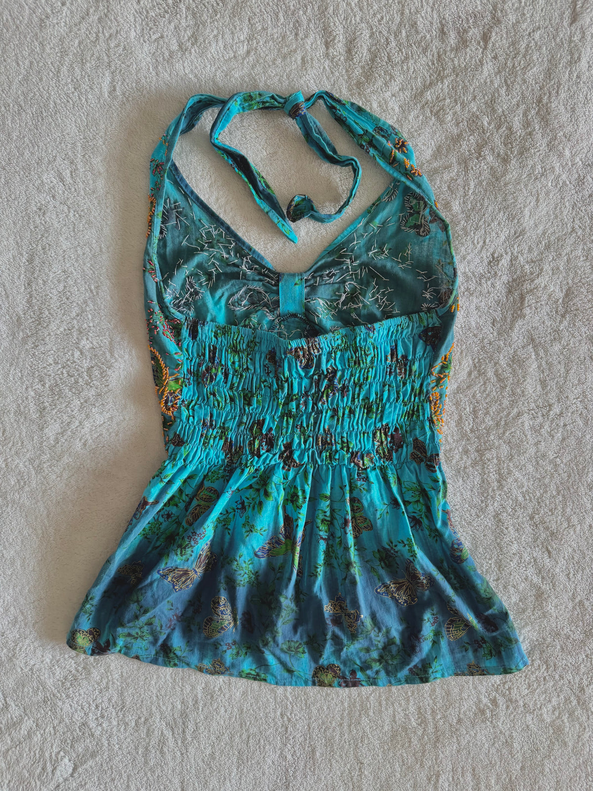 y2k vintage aqua and teal blue fitted beaded butterfly halterneck cami top