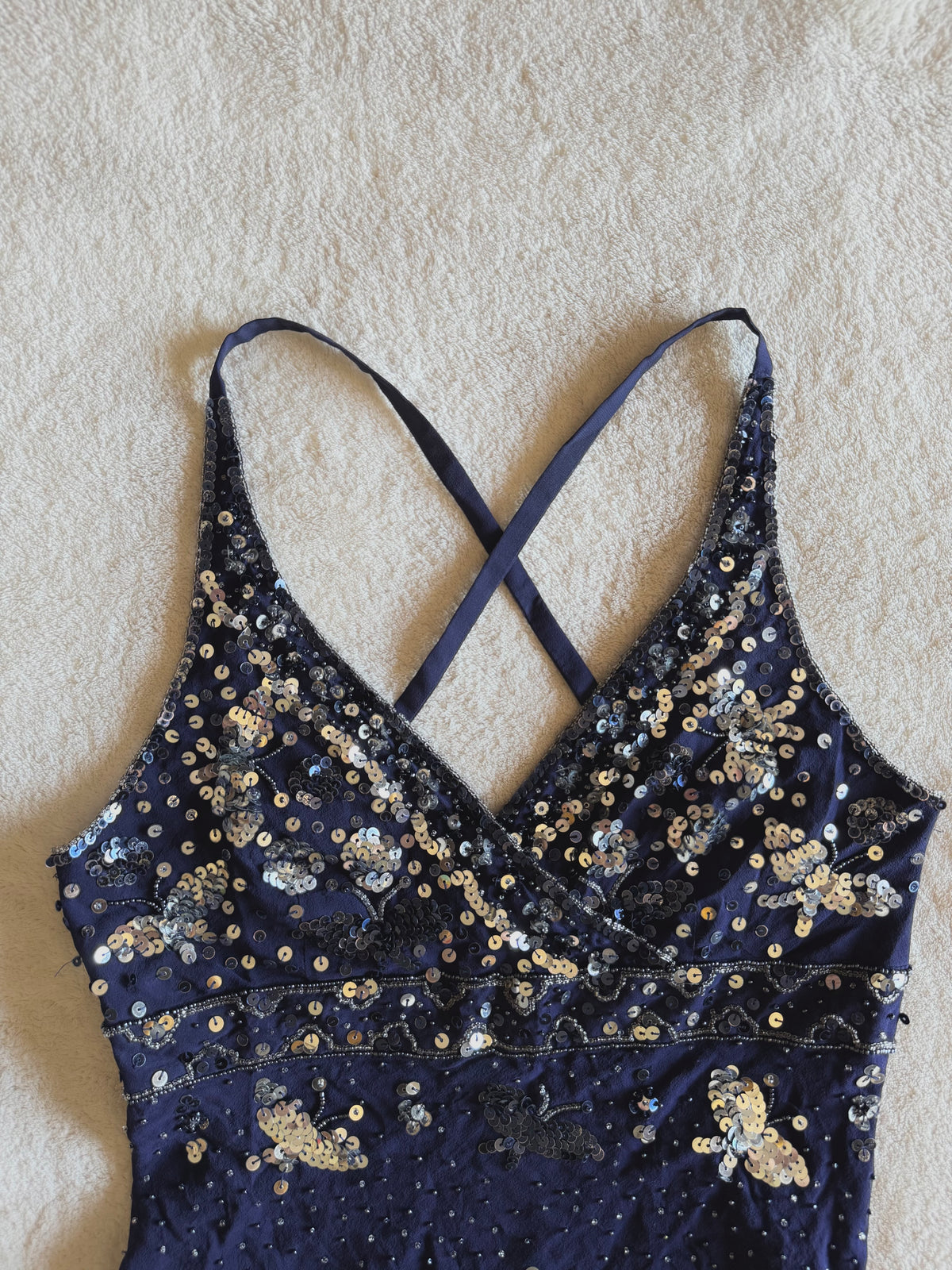 y2k vintage silk royal blue crisscross back fitted slightly cropped cami with butterfly sequins
