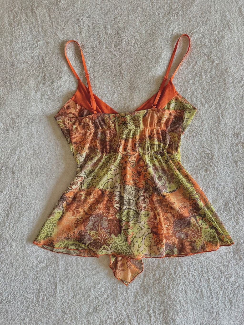 y2k vintage mesh ruffled orange and green floral autumnal cami top