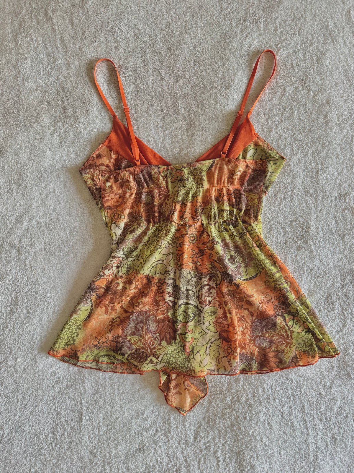 y2k vintage mesh ruffled orange and green floral autumnal cami top