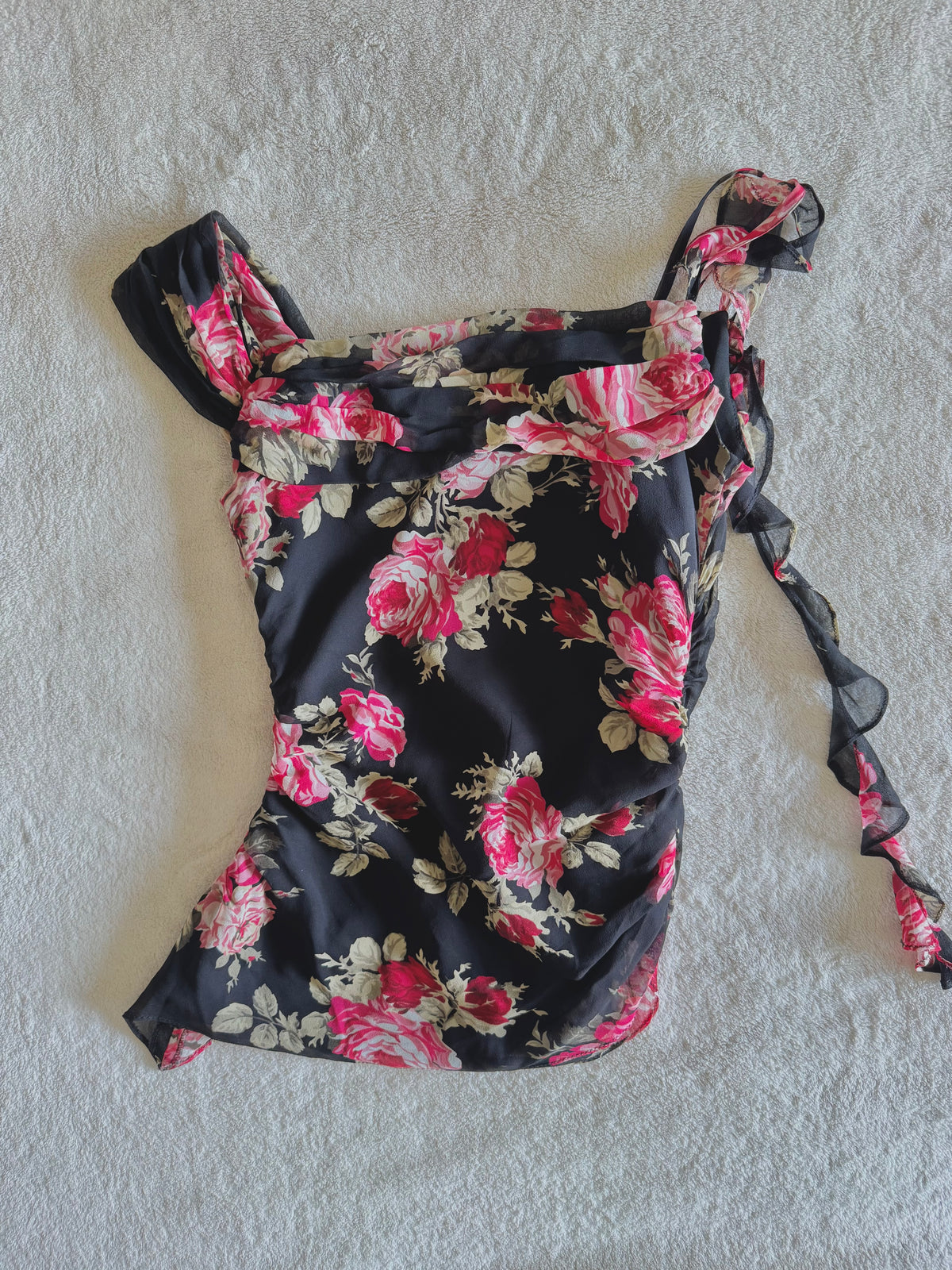 y2k vintage silk floral print ruched fitted cami top with rosette detail