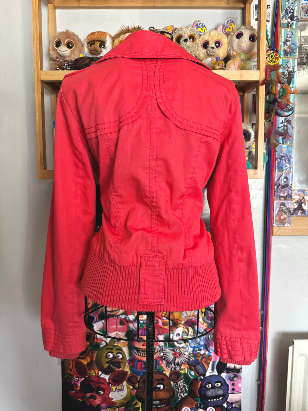 y2k vintage coral red fitted bomber jacket peacoat with zip pockets and chunky buttons