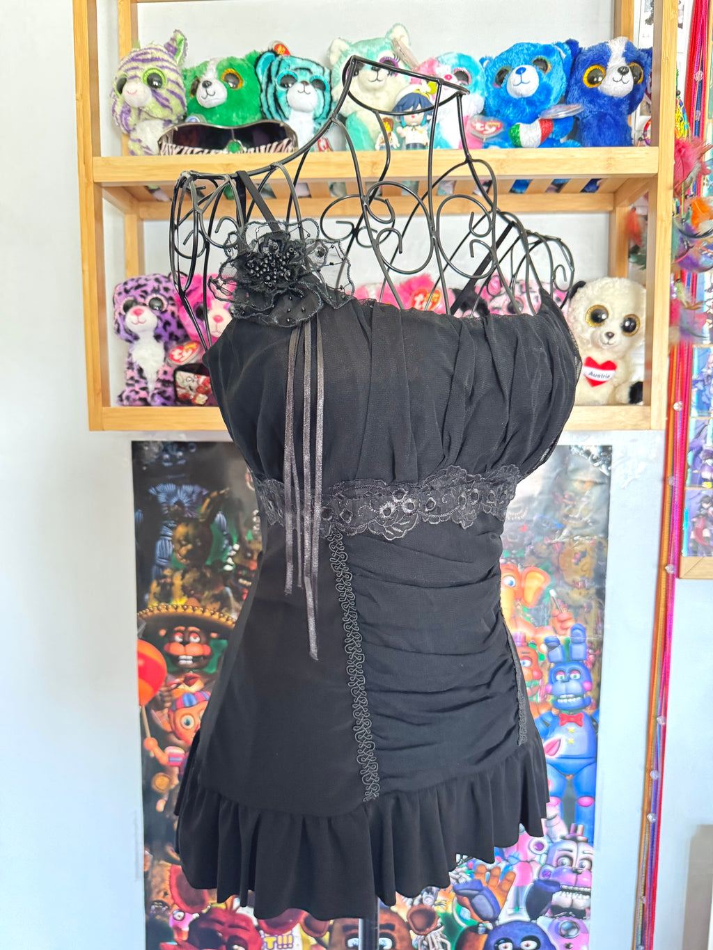 y2k vintage black mesh fitted cami top with ruffle hem and ruched milkmaid bust gothic