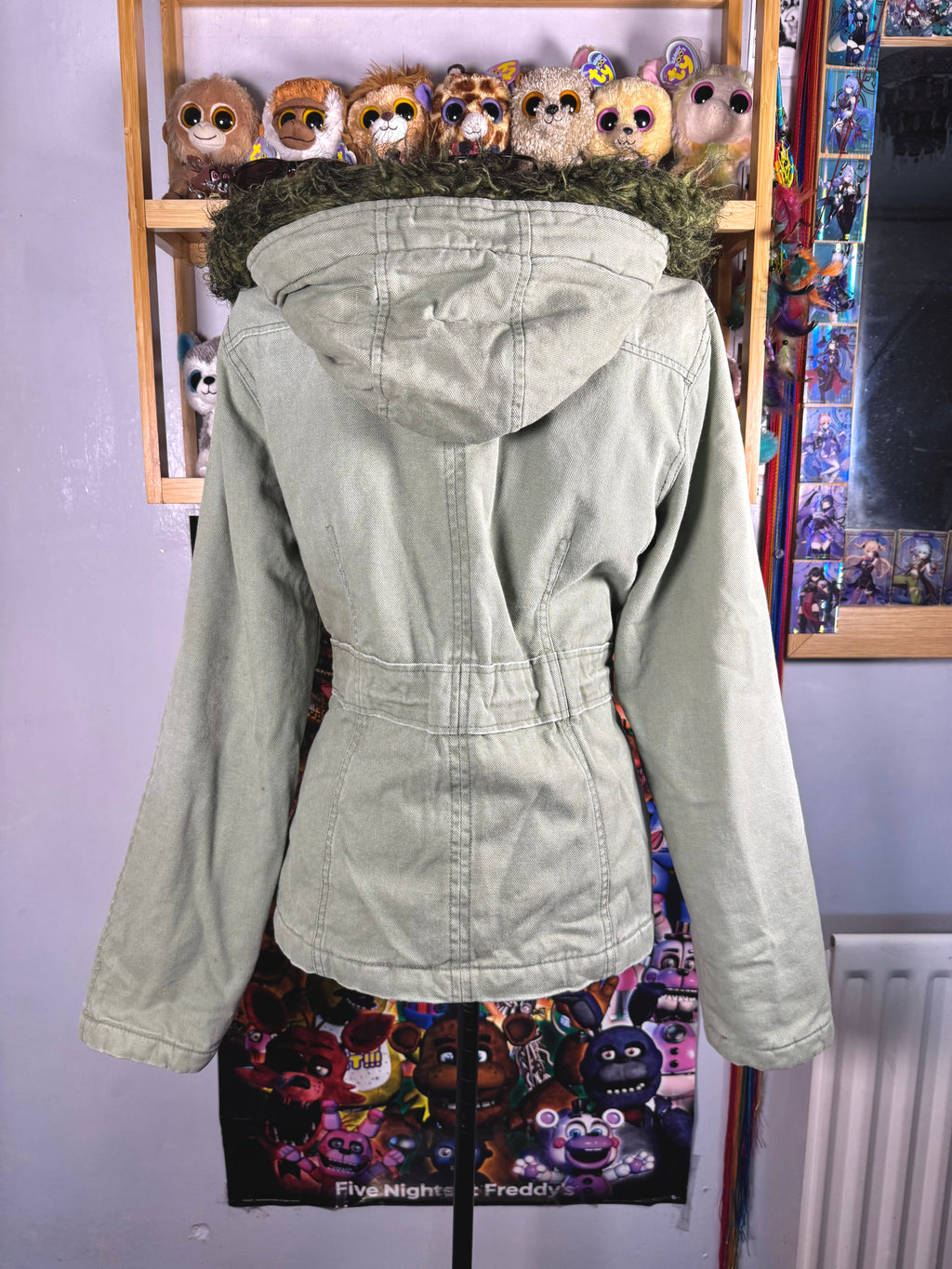 y2k vintage sage green fitted button up parka jacket with faux fur trim hood and cinch waist