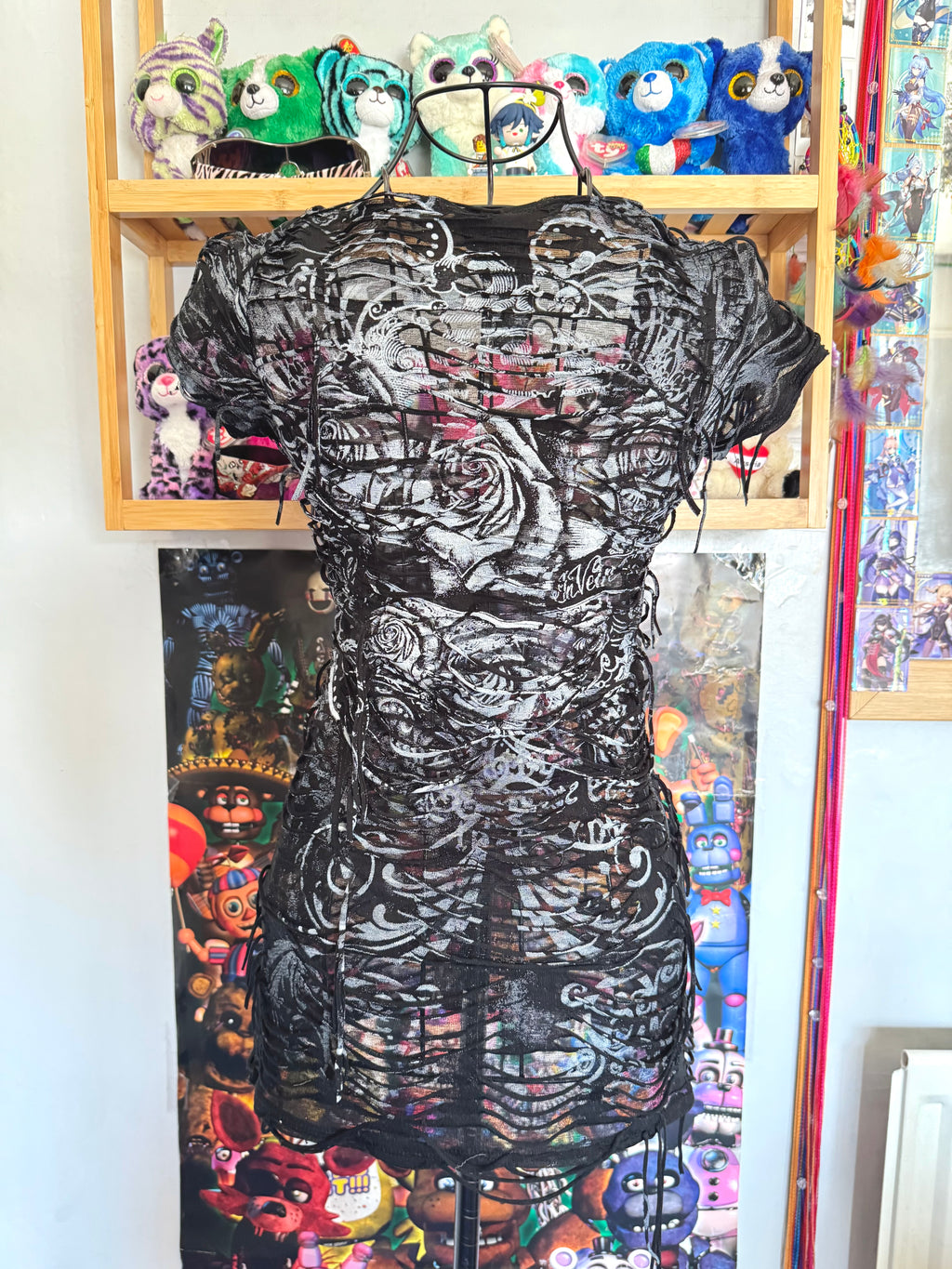 y2k vintage insane slashed graphic rose print sheer fitted tee grunge