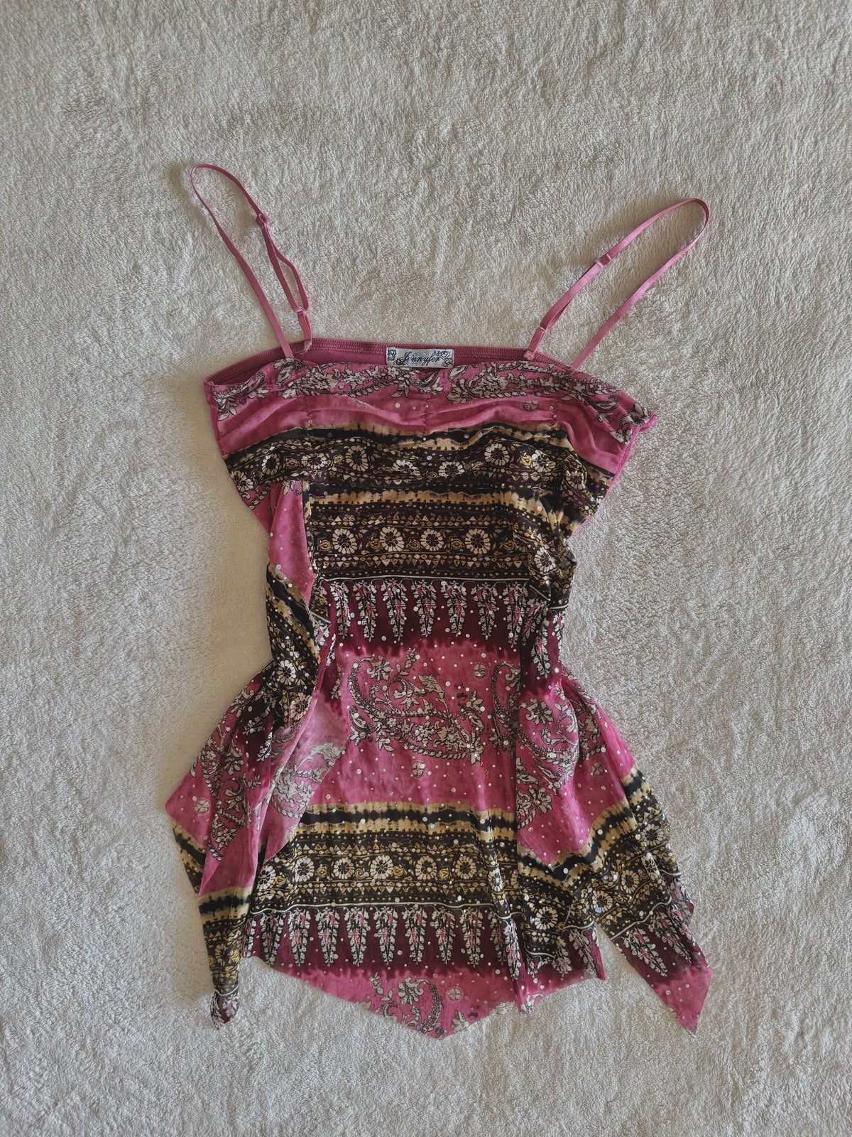 y2k vintage pink boho floaty babydoll ruched mesh cami top