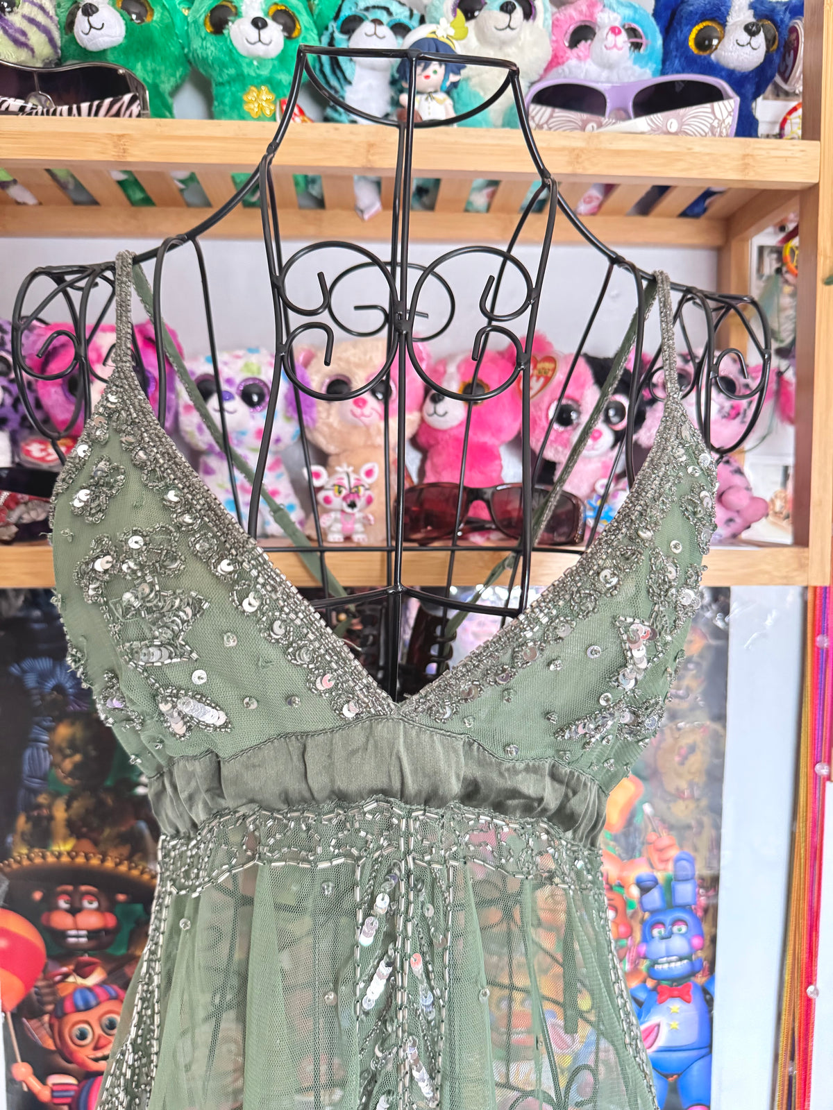 y2k vintage olive green sequin embellished tie back floaty fairycore cami top forest