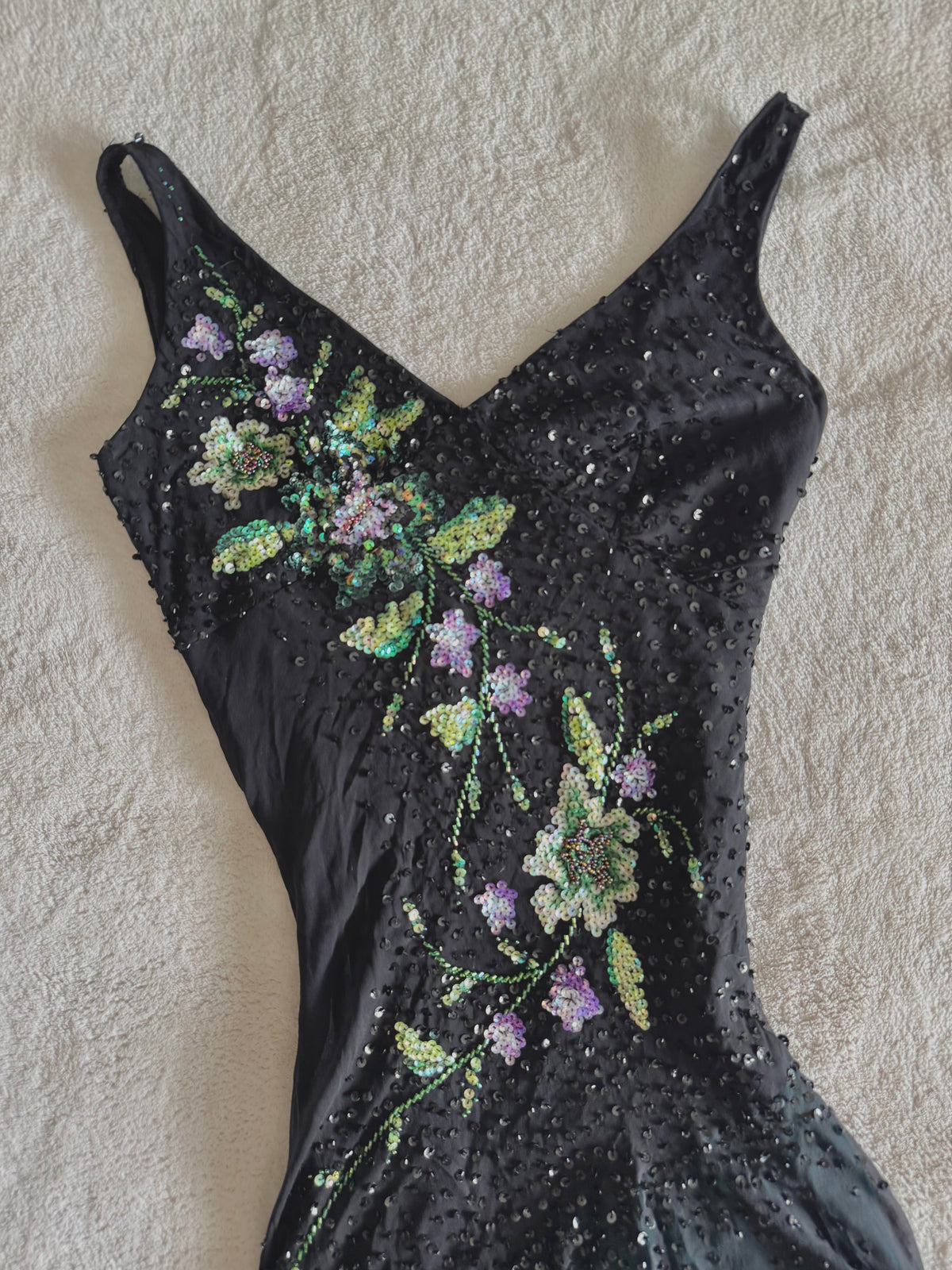 y2k vintage silk asymmetrical hem V-neck sequin embellished occasion dress