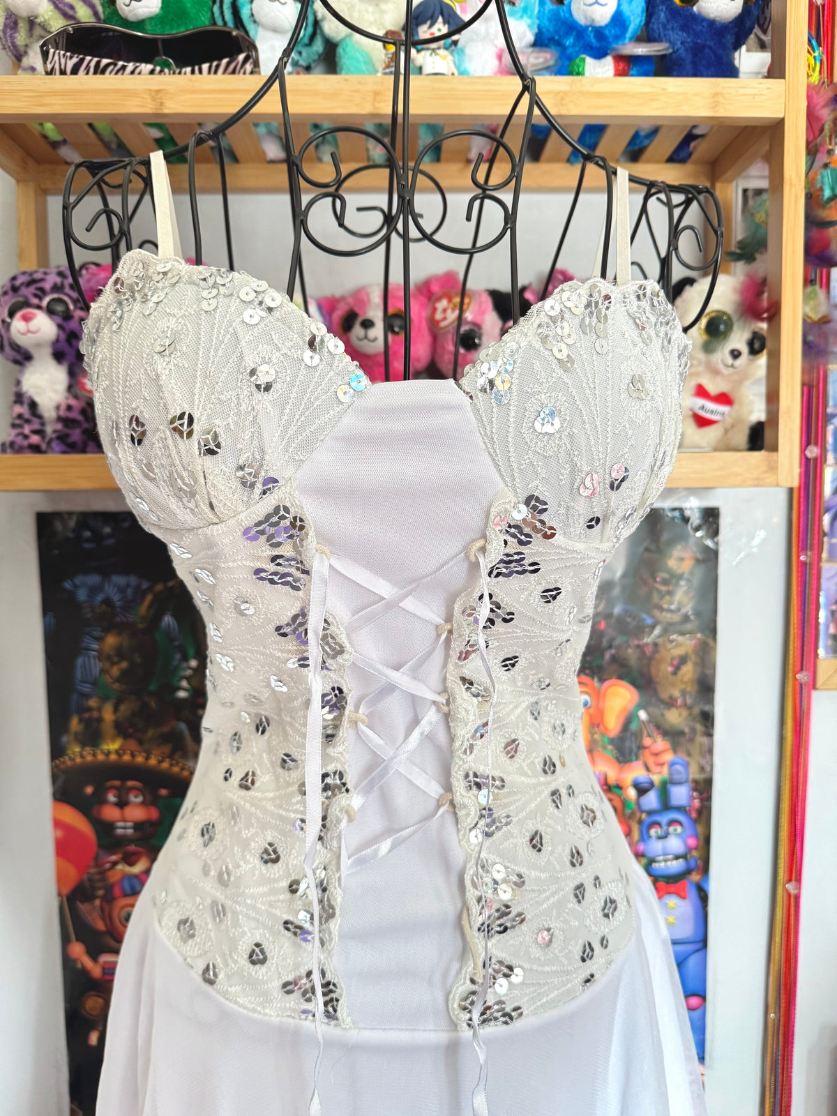 y2k vintage white mesh lace front sequin mini dress with hanky fairy hem