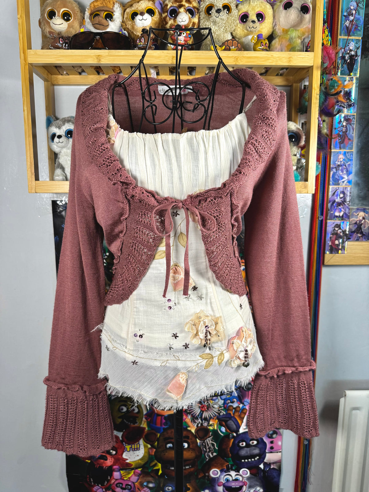 y2k vintage dusty pink fitted cropped tie front flared sleeve cardigan