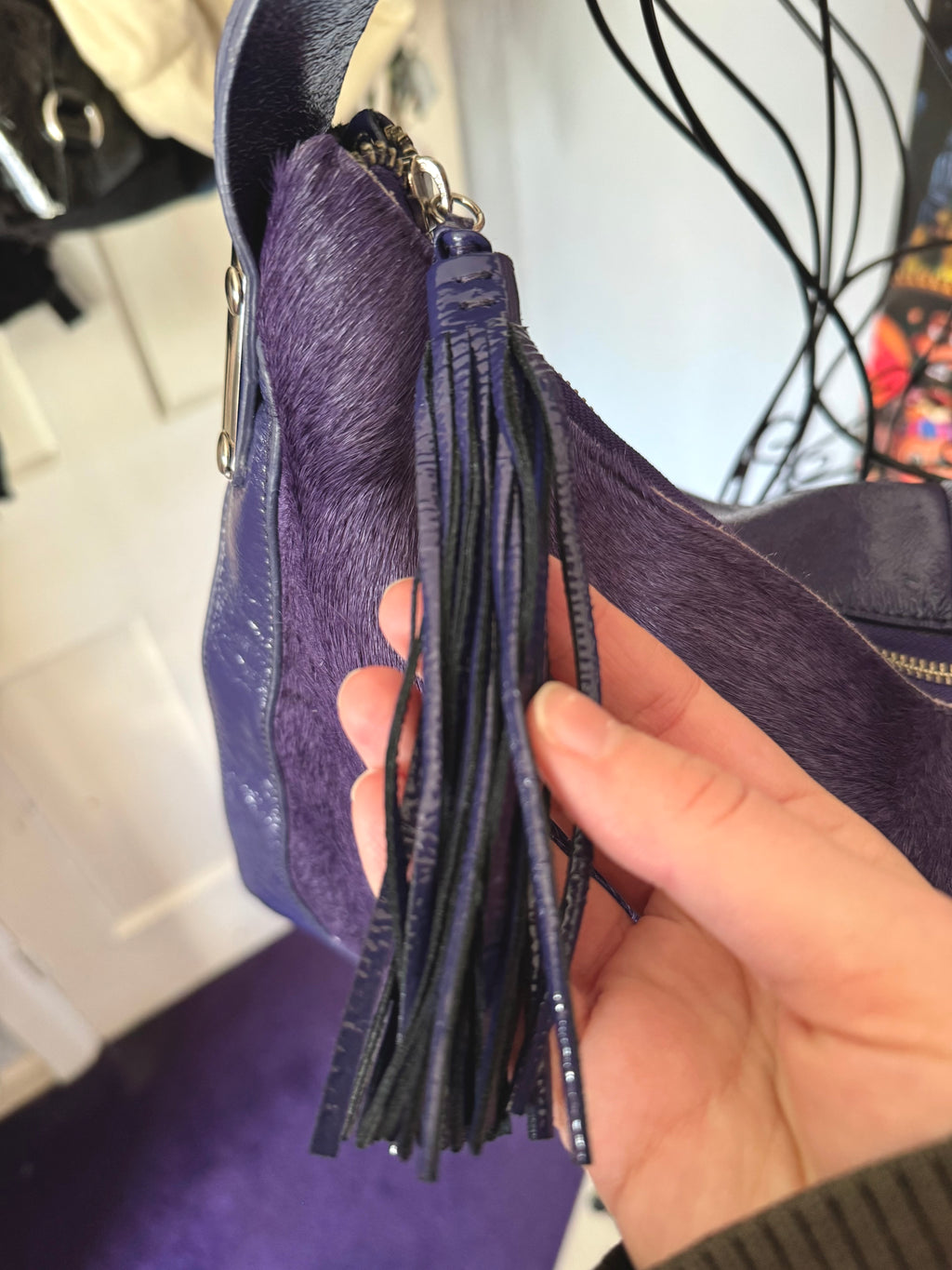 y2k pony hair violet purple slouchy boho handbag with real suede and leather