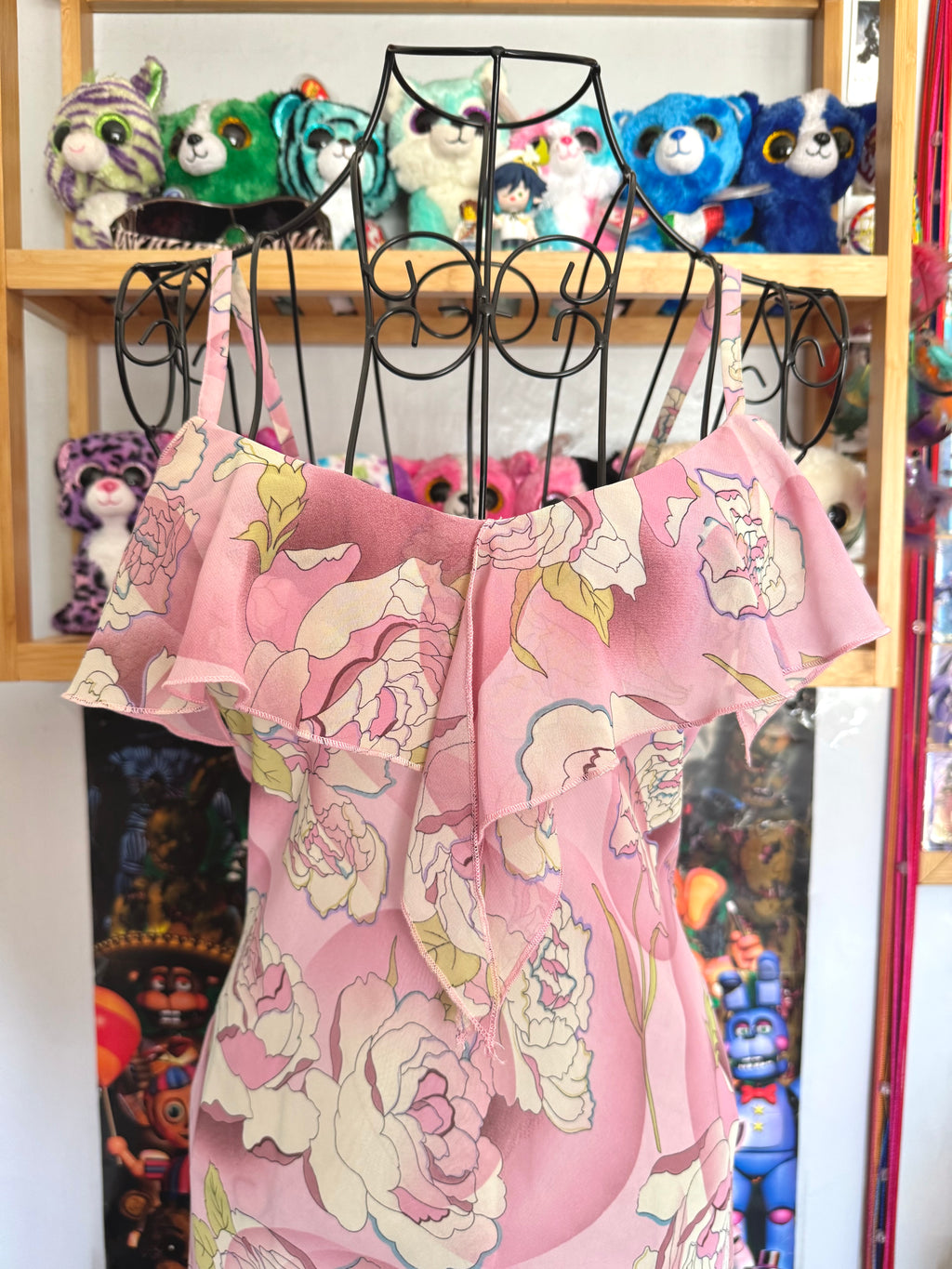 y2k vintage pink floral ruffled asymmetrical hem midi dress