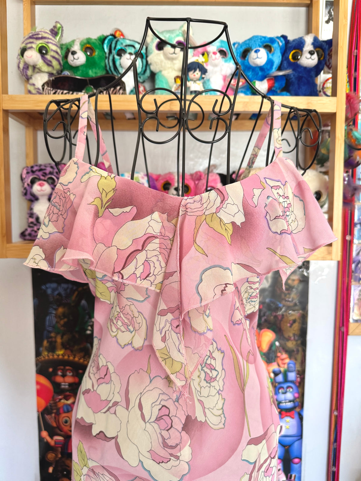 y2k vintage pink floral ruffled asymmetrical hem midi dress