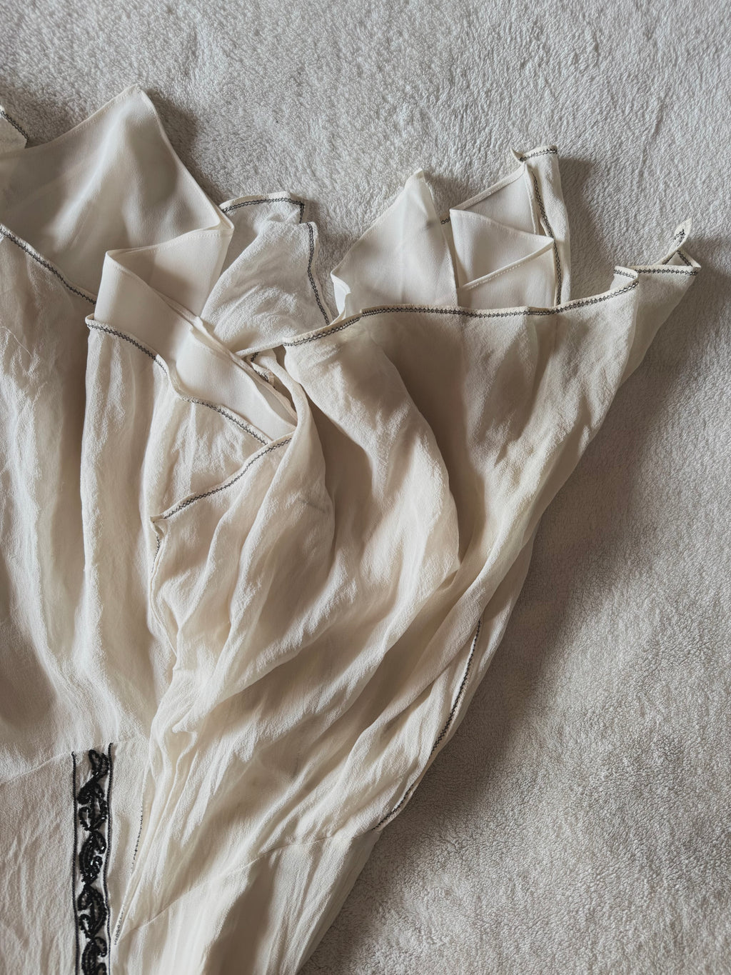 y2k vintage silk off white and black beaded midi dress with bulky layered hem fairycore