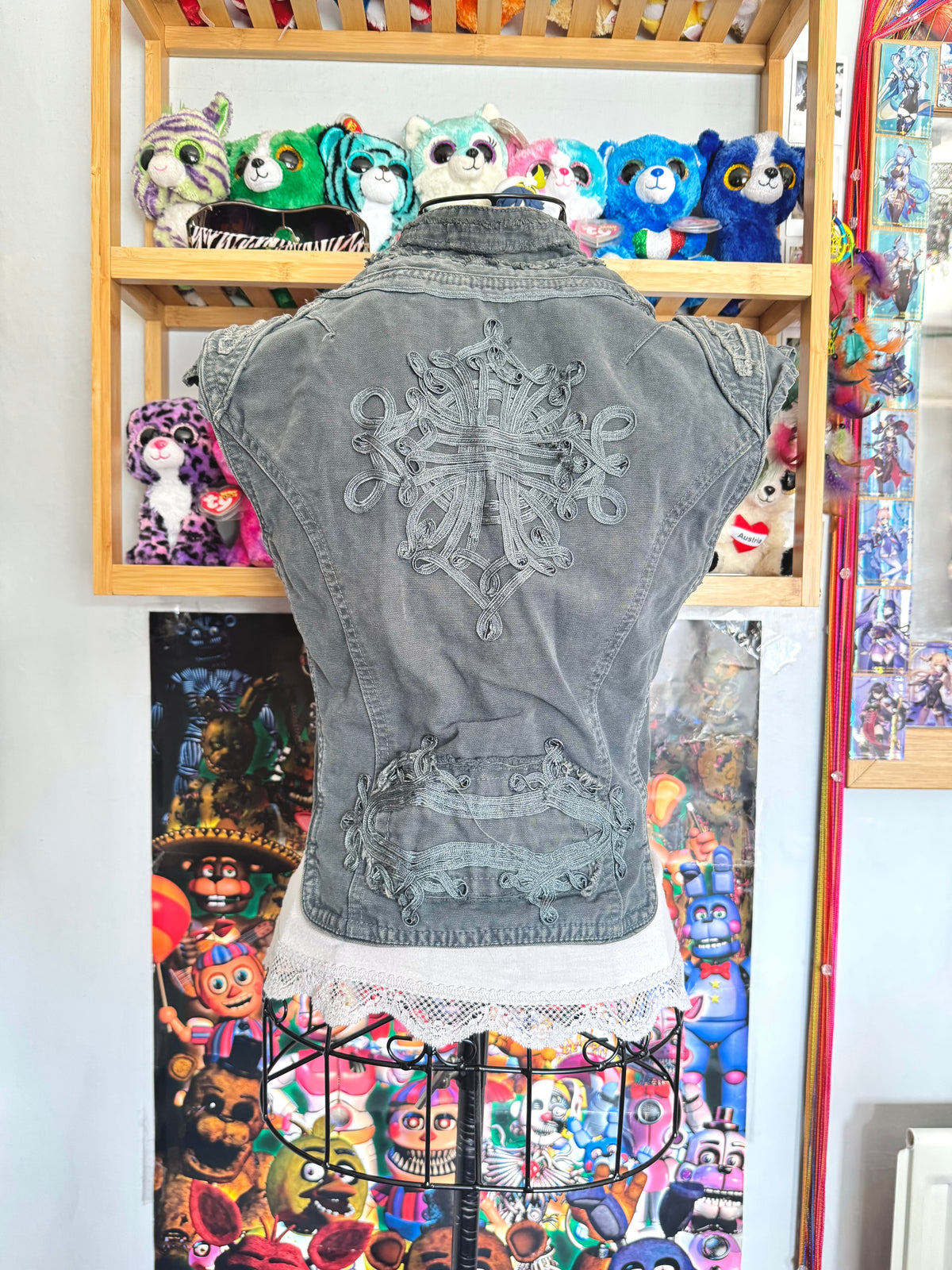 y2k vintage blueish grey denim distressed military inspired hook up waistcoat steampunk