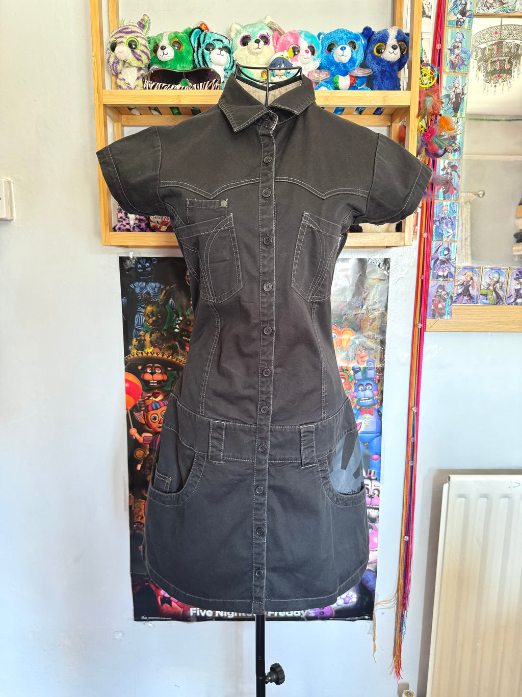 y2k vintage grungy black button up cargo utility style mini dress