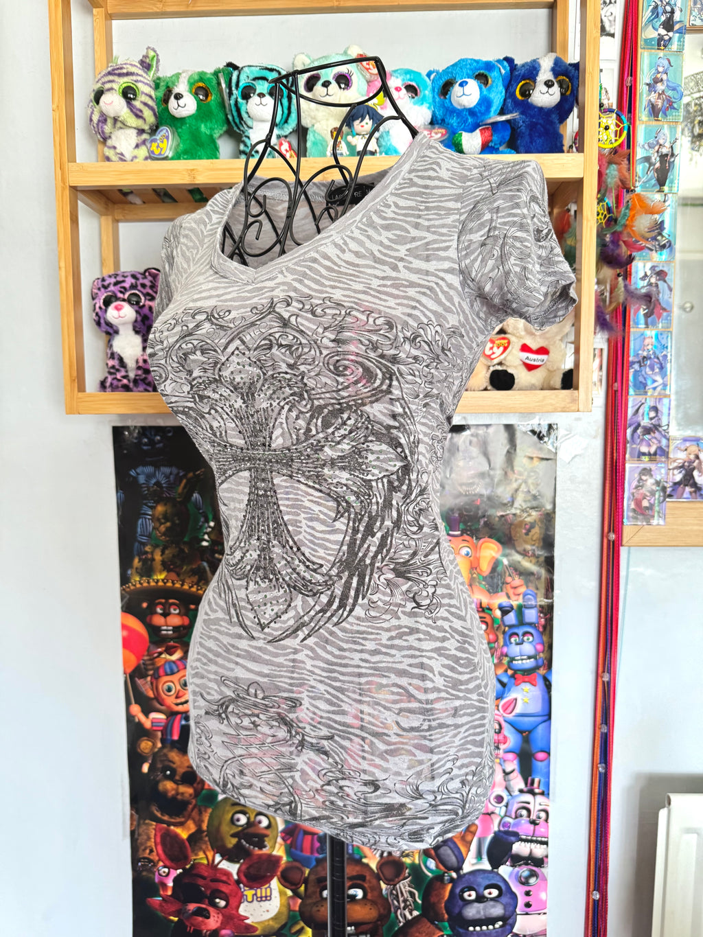 y2k vintage sheer graphic wings fitted tee with rhinestone embellishments affliction mcbling
