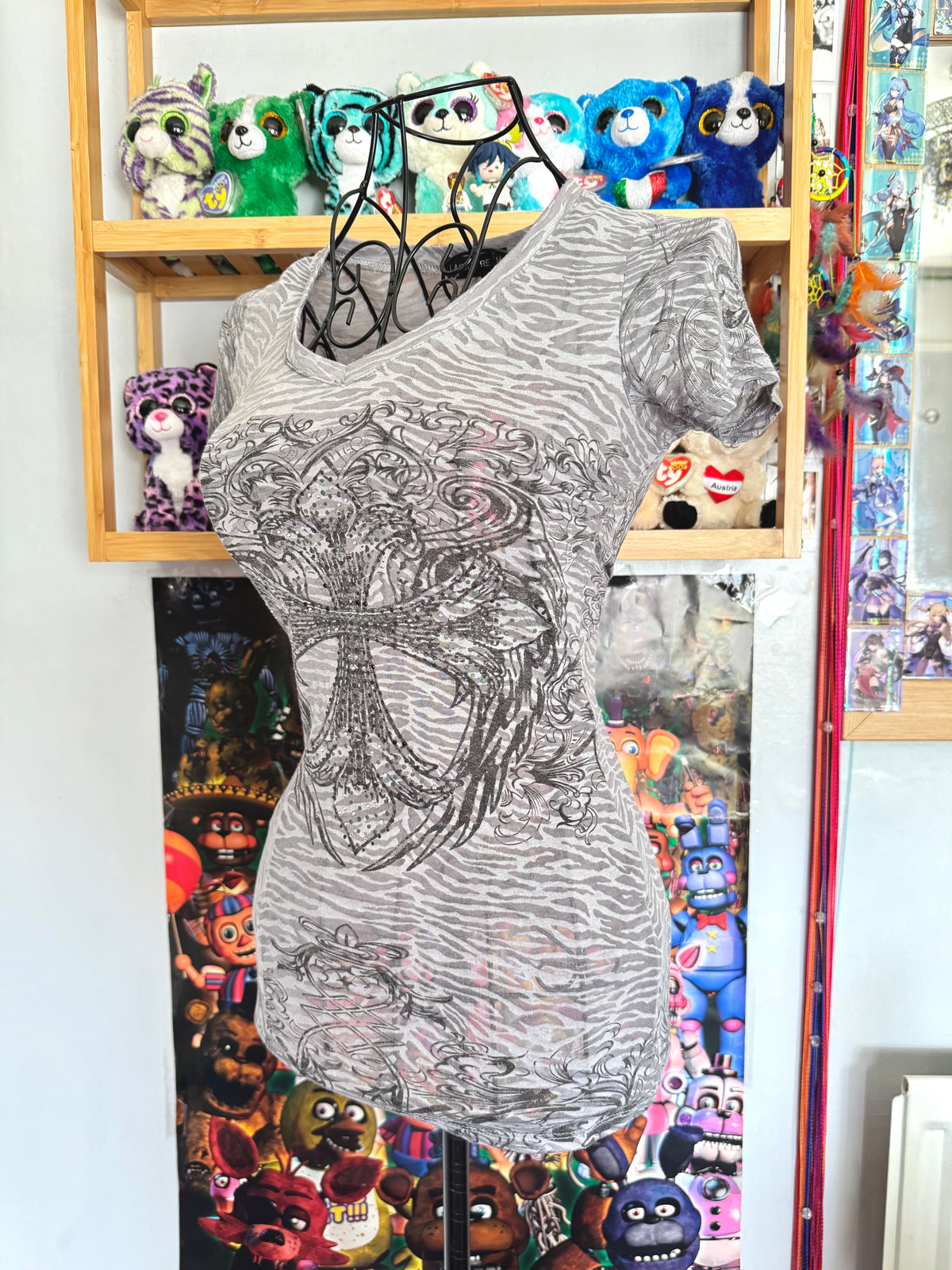 y2k vintage sheer graphic wings fitted tee with rhinestone embellishments affliction mcbling