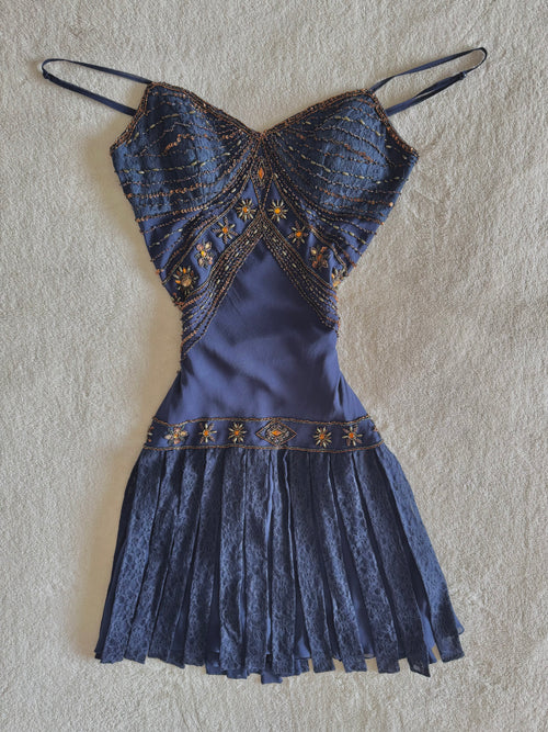 vintage 90’s royal navy blue silk dress gold and bronze beading embellishments astrology astronomy