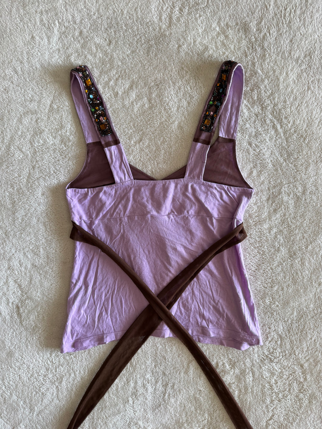 y2k vintage fitted lilac tie back jewelled cami top