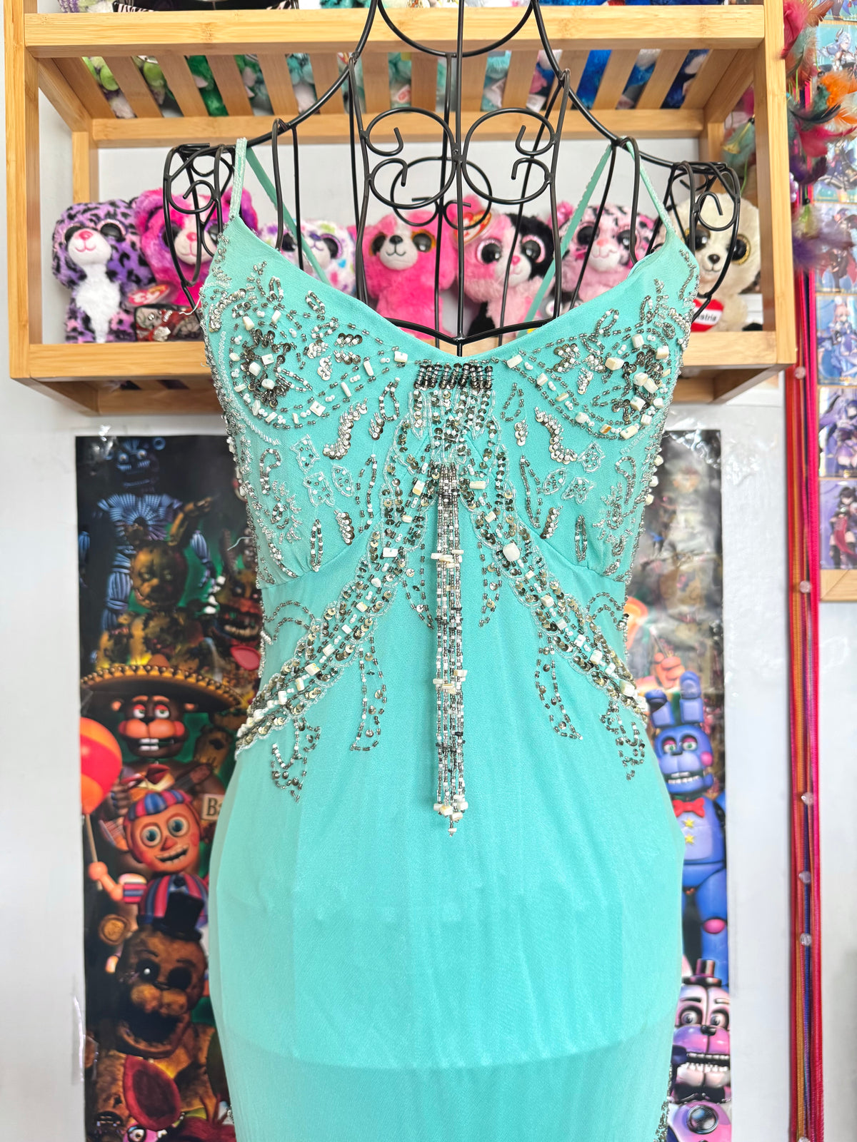 vintage 90’s turquoise blue silk heavily beaded handmade fishtail maxi dress mermaid core