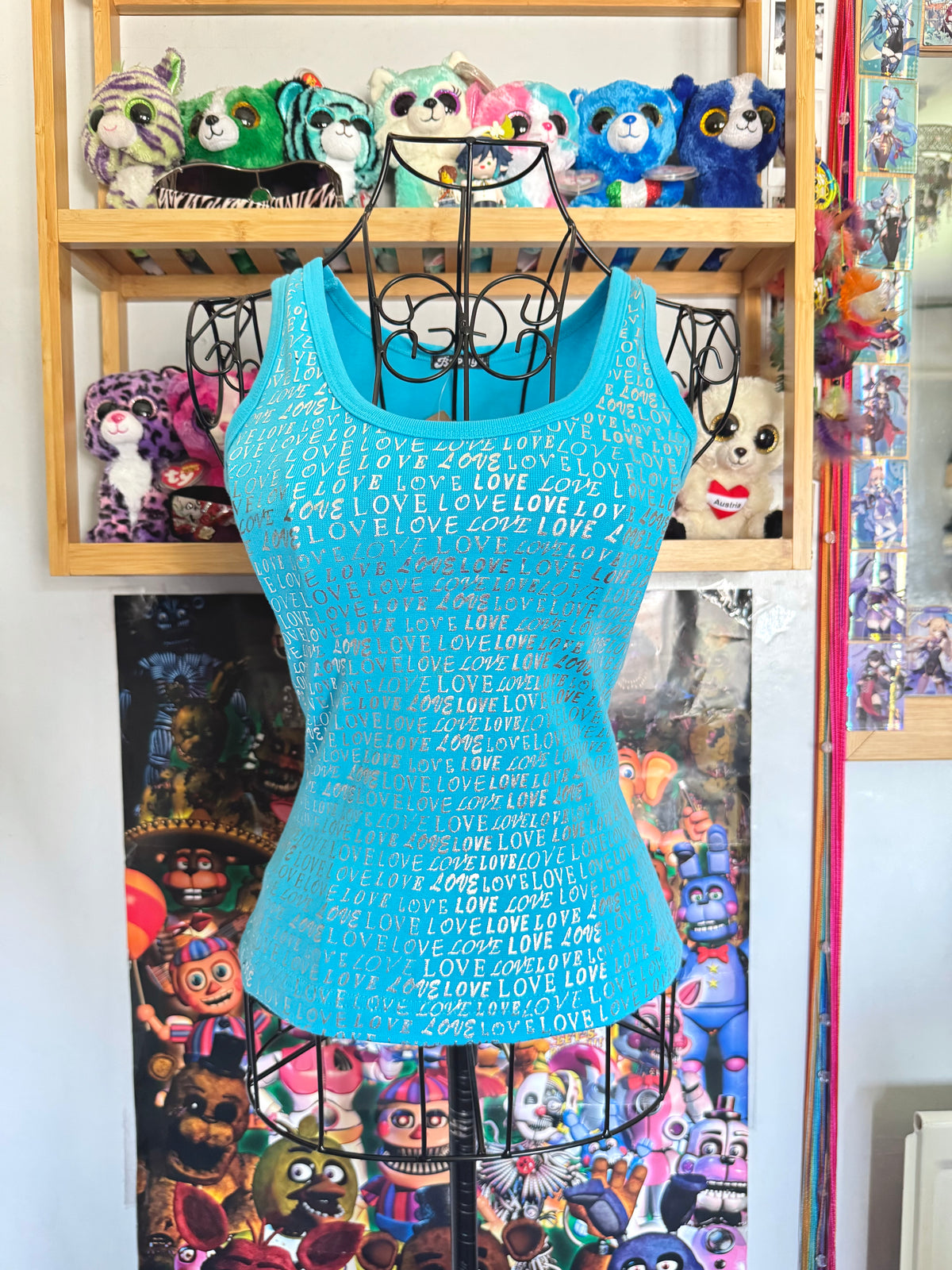 y2k vintage deadstock bnwt aqua blue metallic graphic sleeveless vest top