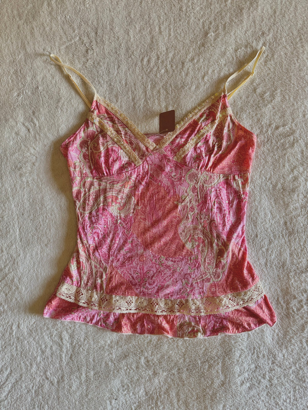 y2k vintage paisley print pink fitted cami top with sequins and lace trimmings