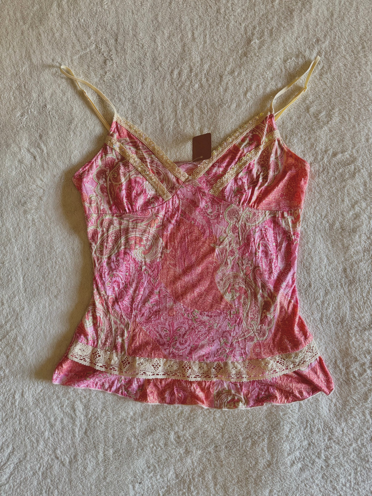 y2k vintage paisley print pink fitted cami top with sequins and lace trimmings
