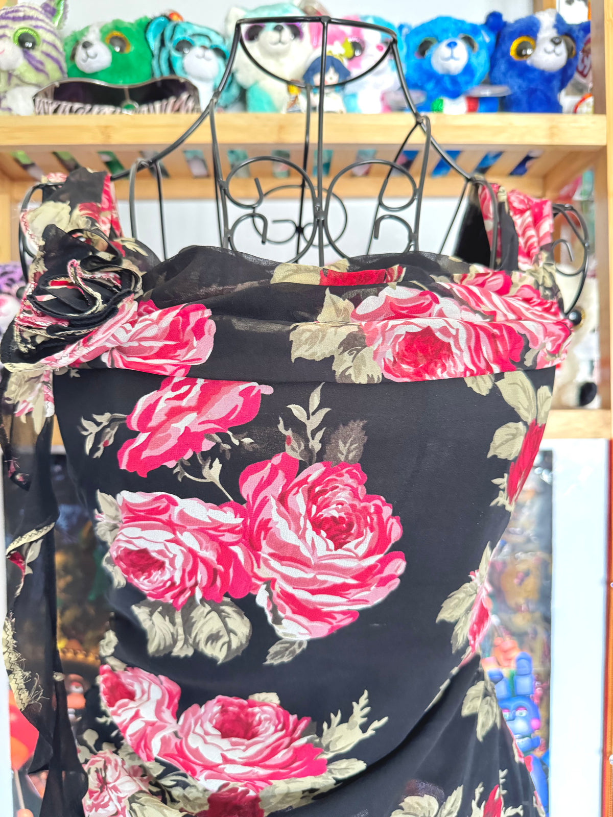 y2k vintage silk floral print ruched fitted cami top with rosette detail