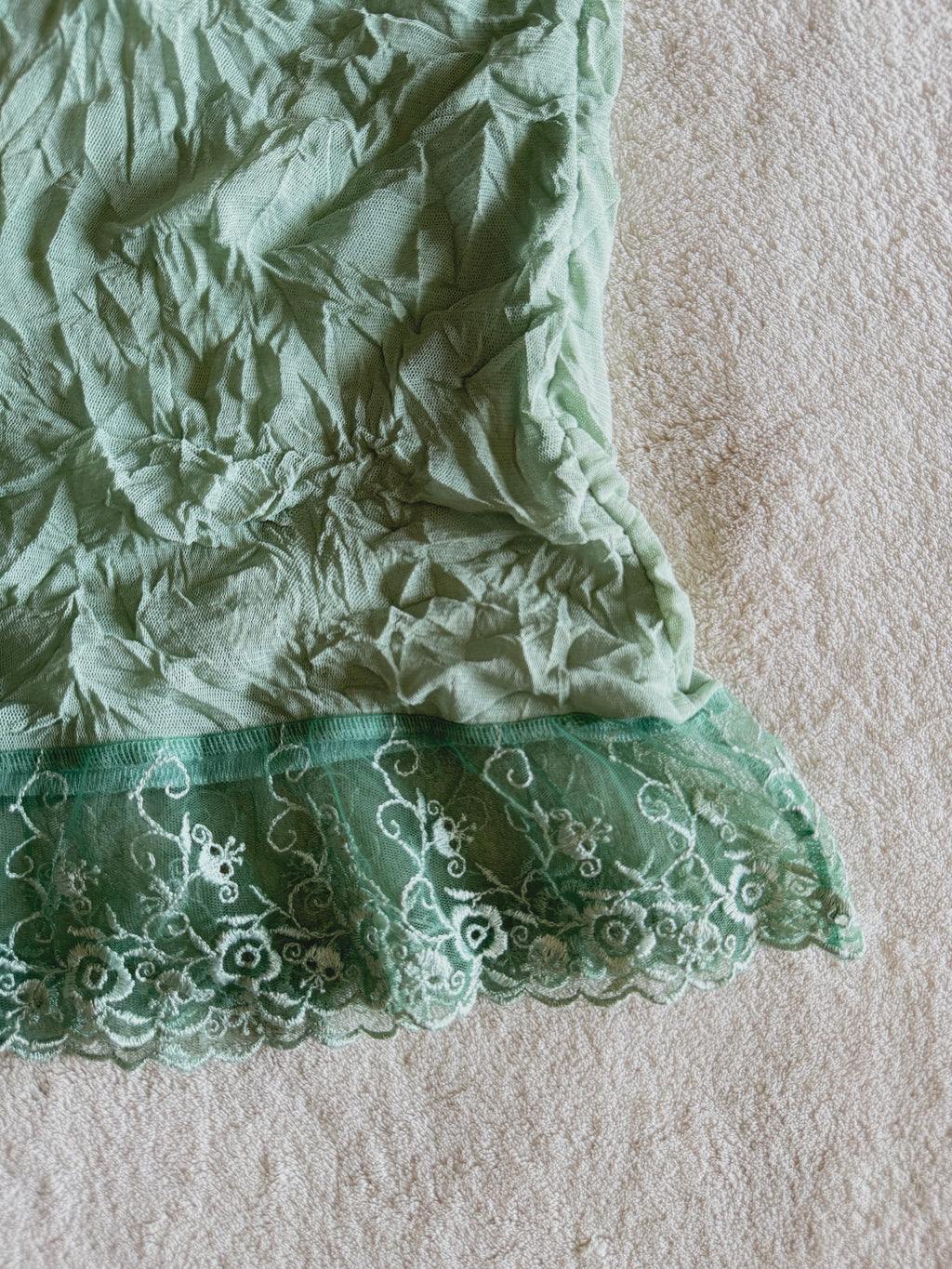 y2k vintage pale sage green mesh fitted cami top with lace trim and beaded chain straps