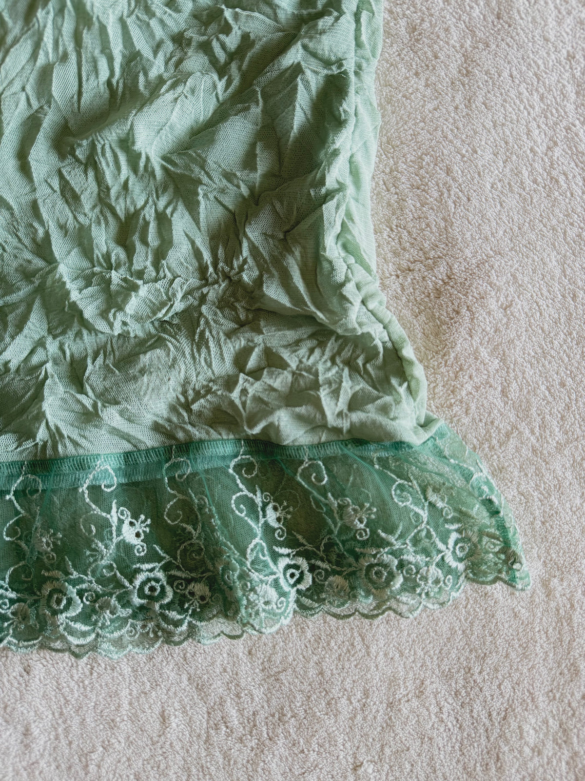 y2k vintage pale sage green mesh fitted cami top with lace trim and beaded chain straps