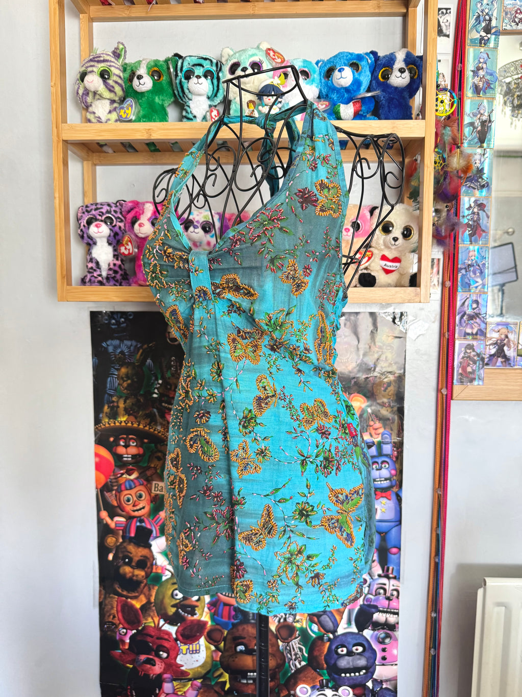 y2k vintage aqua and teal blue fitted beaded butterfly halterneck cami top