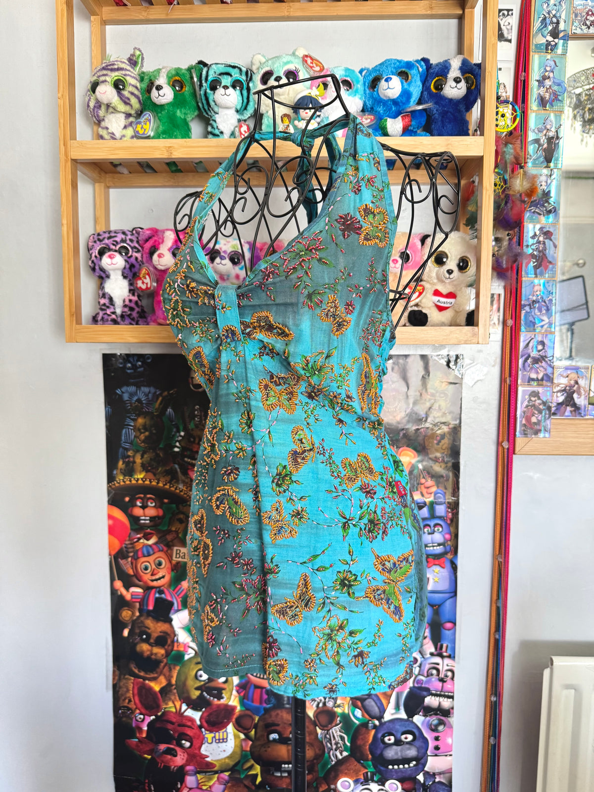 y2k vintage aqua and teal blue fitted beaded butterfly halterneck cami top