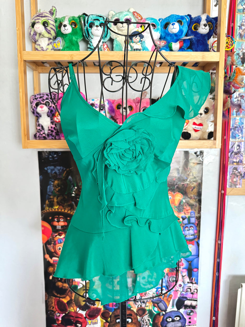y2k vintage silk emerald green floral layered asymmetrical hem cami top