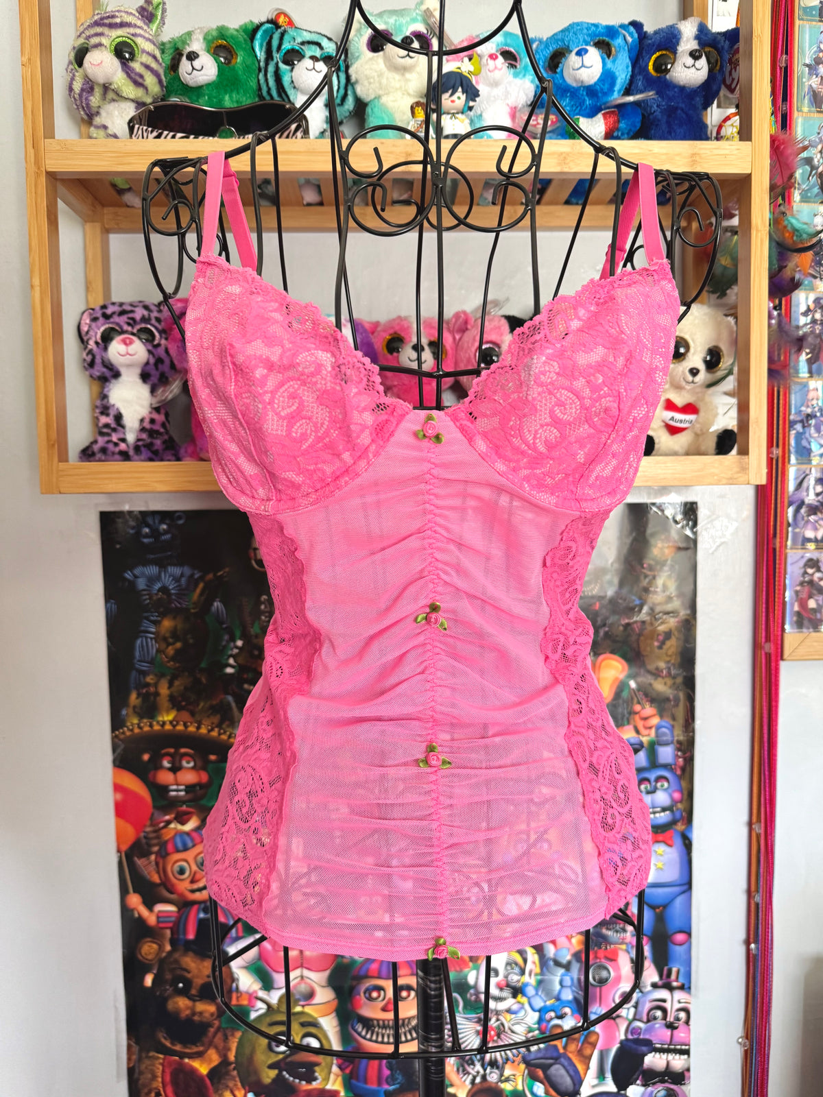 y2k vintage hot pink sheer mesh lace corset cami top