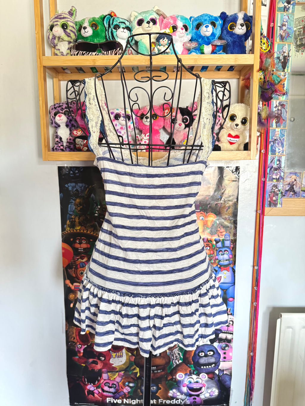 y2k vintage sailor vibes striped blue and white ruffle bottom cami top with lace trimmings