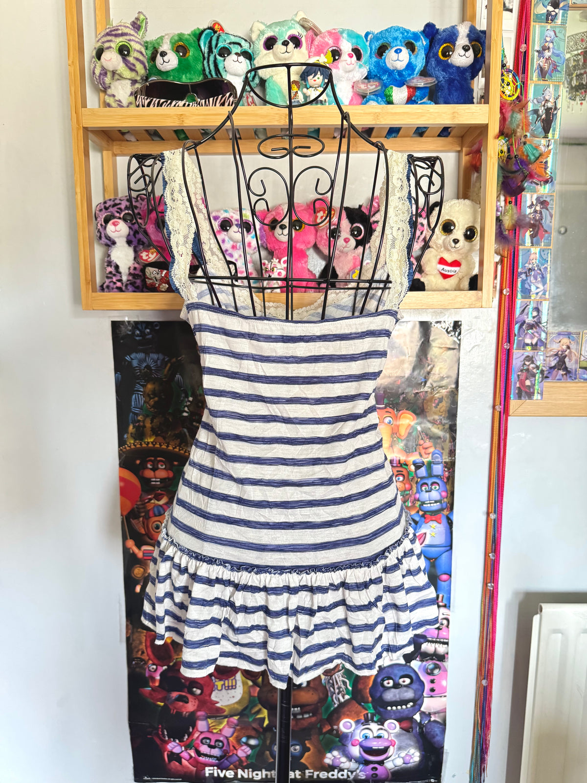 y2k vintage sailor vibes striped blue and white ruffle bottom cami top with lace trimmings