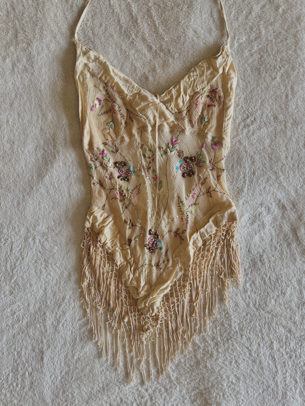 y2k vintage silk floral embroidery fitted halterneck top with lattice tassels festival western